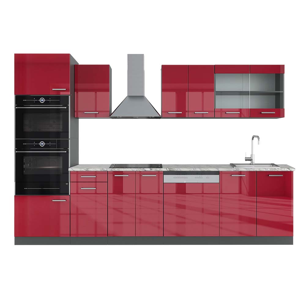 Vicco Aneks kuchenny R-Line, Czerwony wysoki połysk/antracyt, 300 cm z wysoką szafką, BP Marmur