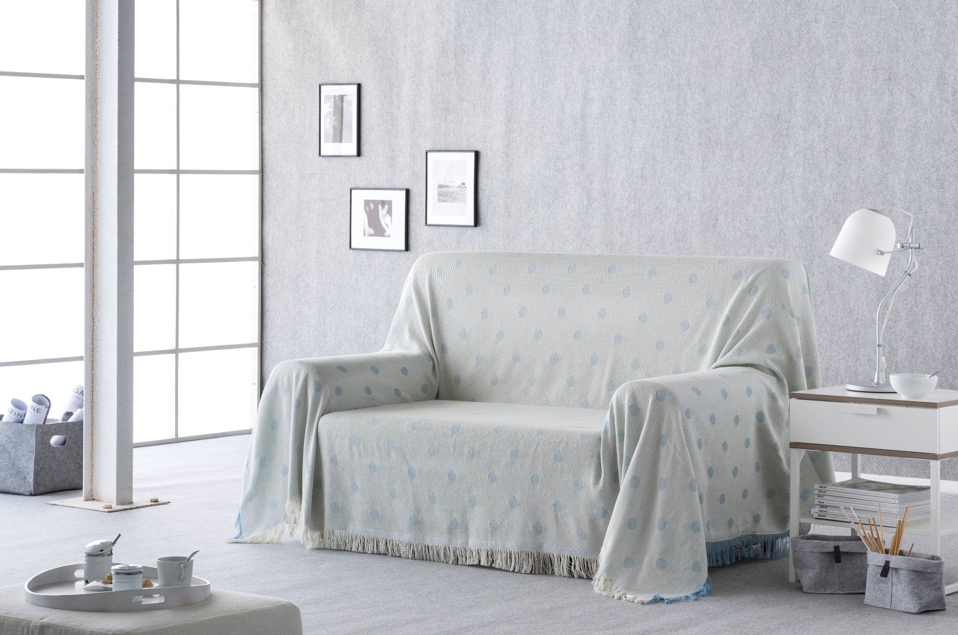 Estoralis | plaid multiusos tejido jacqard | con fleco ( 180x260 cm. anchoxalto ) modelo lunares color celeste