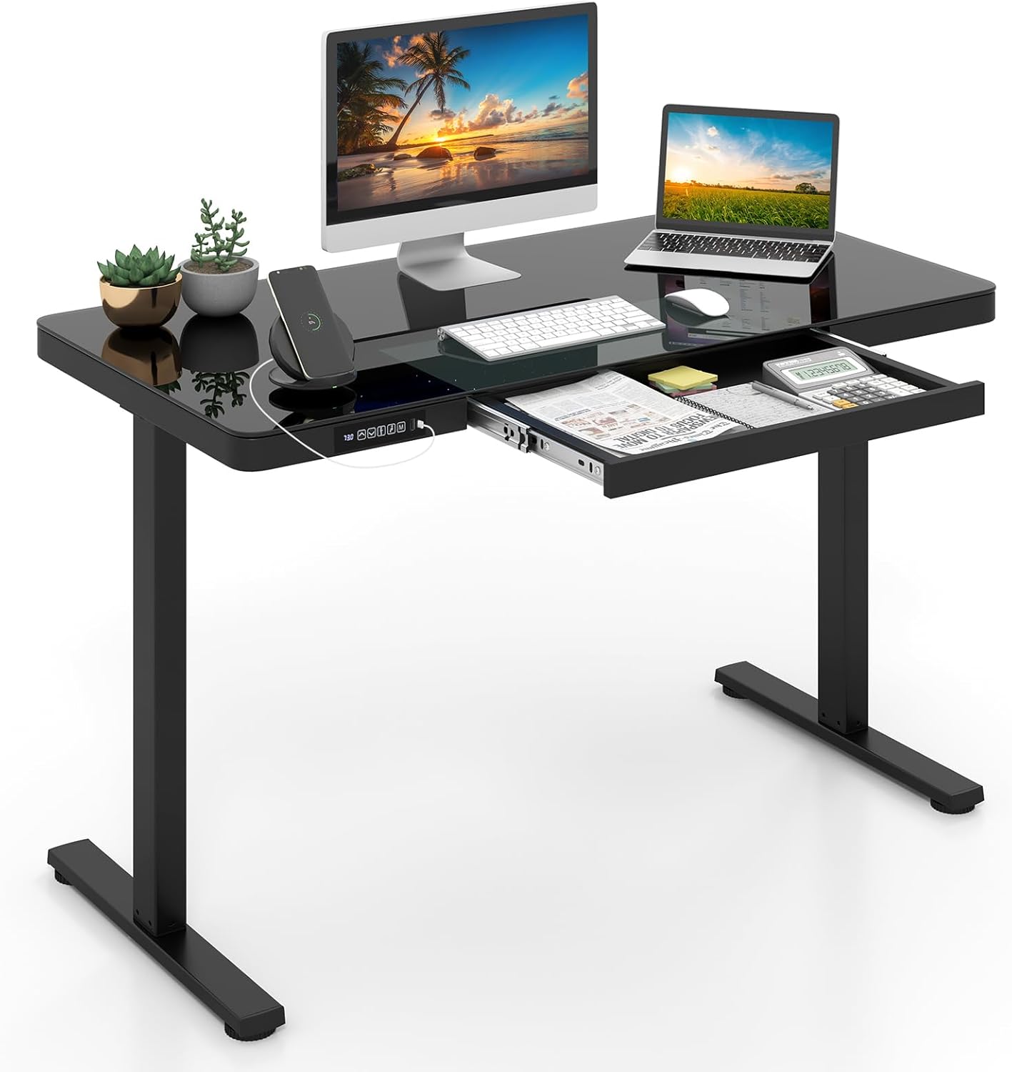 Elektryczne Biurko do Pracy na Stojąco 120 x 60 cm, Biurko z Regulowaną Wysokością i Szufladą, Regał ze Szkła, Port USB i Typu C (Czarne)