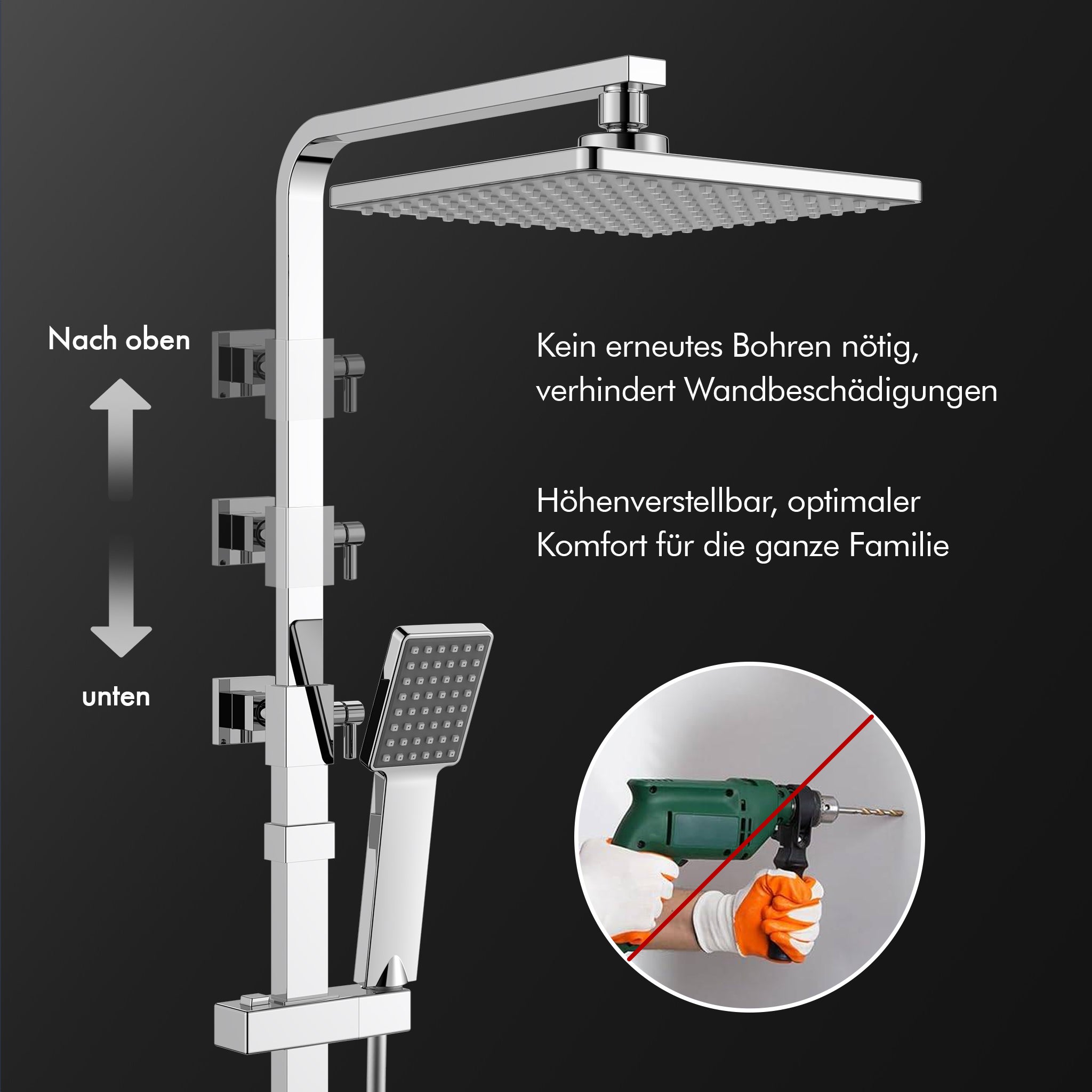 Colonne de Douche avec Mitigeur Thermostatique Chromé, Ensemble de Douche avec pomme de douche et tête de douche, Hauteur Réglable 855-1105mm - 3