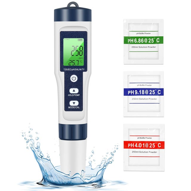PH TDS Meter, testeur de qualité de l'eau 5 en 1 PH/TDS/EC/SEL/température TDS mètre LCD rétroéclairage vert pour piscine/aquarium/étang