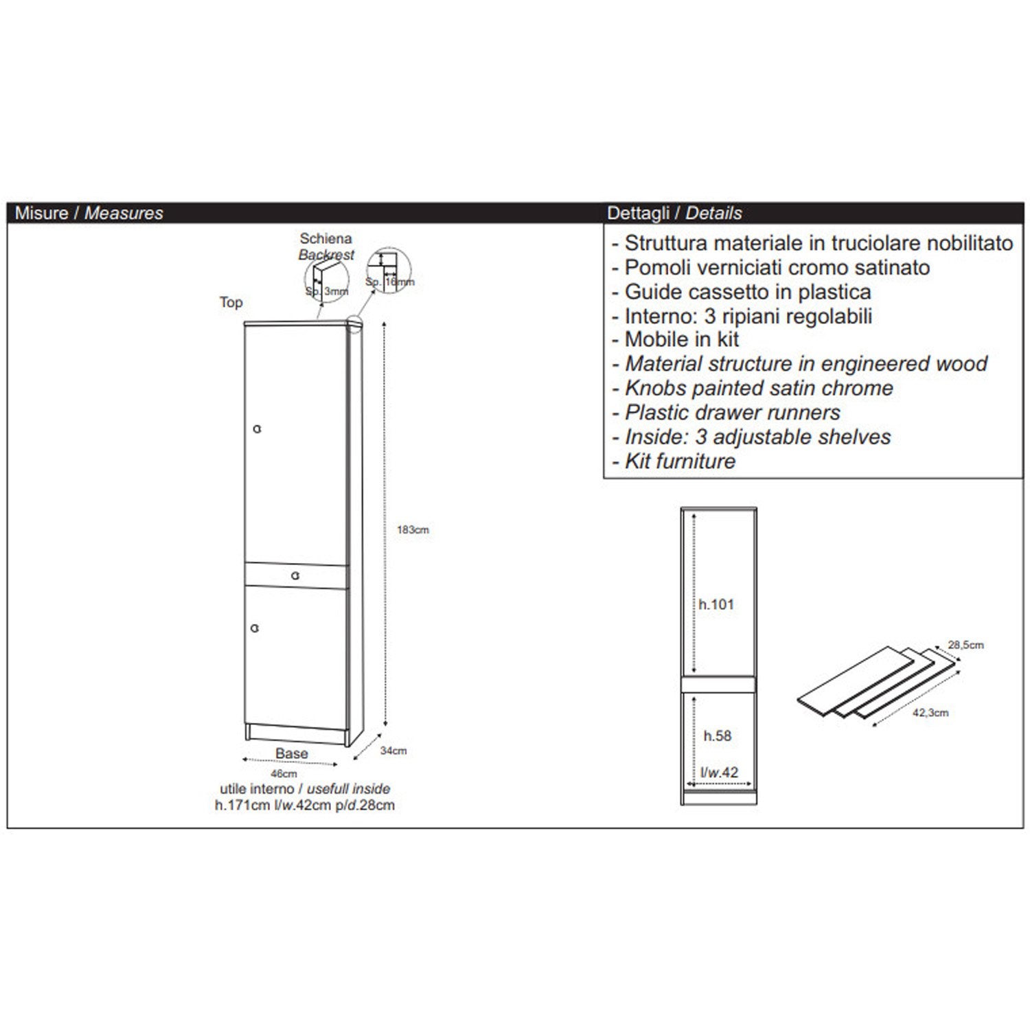 Colonne 2 portes, 1 tiroir, 46 L x 34 P x 183 H – Finition eucalyptus – Sarmog - 7