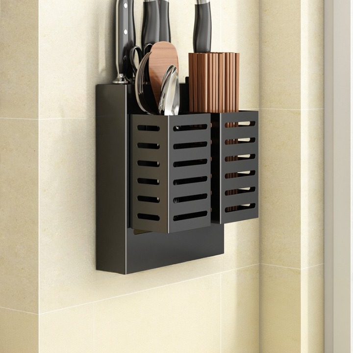 Zestaw 3 uchwytów na sztućce, 2 uchwytów na pałeczki z ociekaczem, 1 uchwyt na noże, 18×4×20 cm, montaż na ścianie, nie wymaga wiercenia - czarny