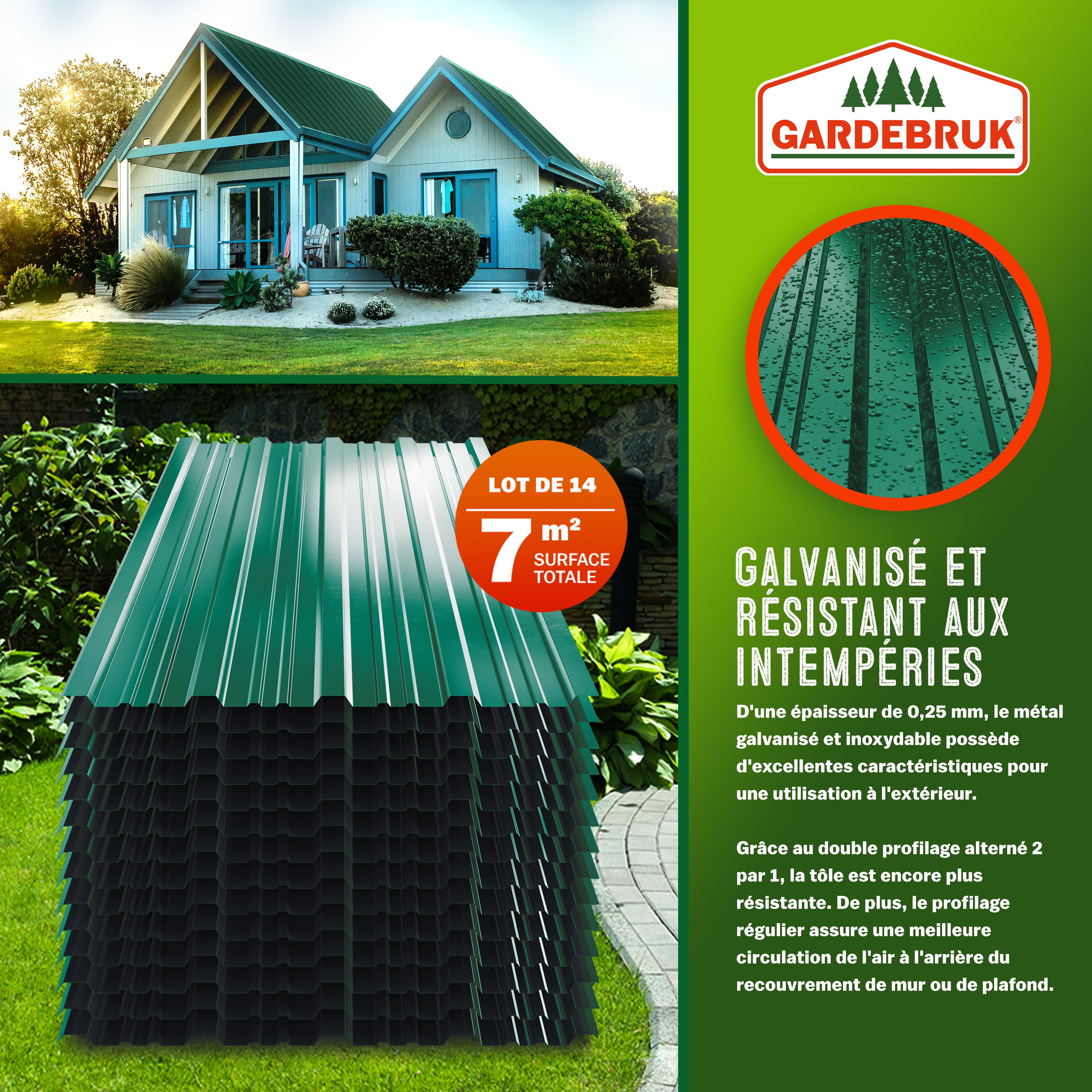 GARDEBRUK® 14x Tôles de bardage 110x46cm = 7m² galvanisé résistant intempéries tôle ondulée trapézoïdale profilée toit mur abri de jardin vert - 3