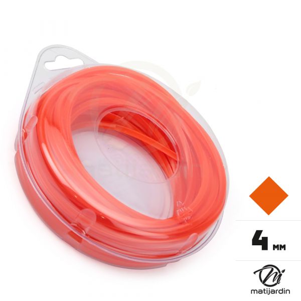 Fil débroussailleuse nylon 4 mm x 9 m. Carré. Rouge/Orange. Blister. - 2
