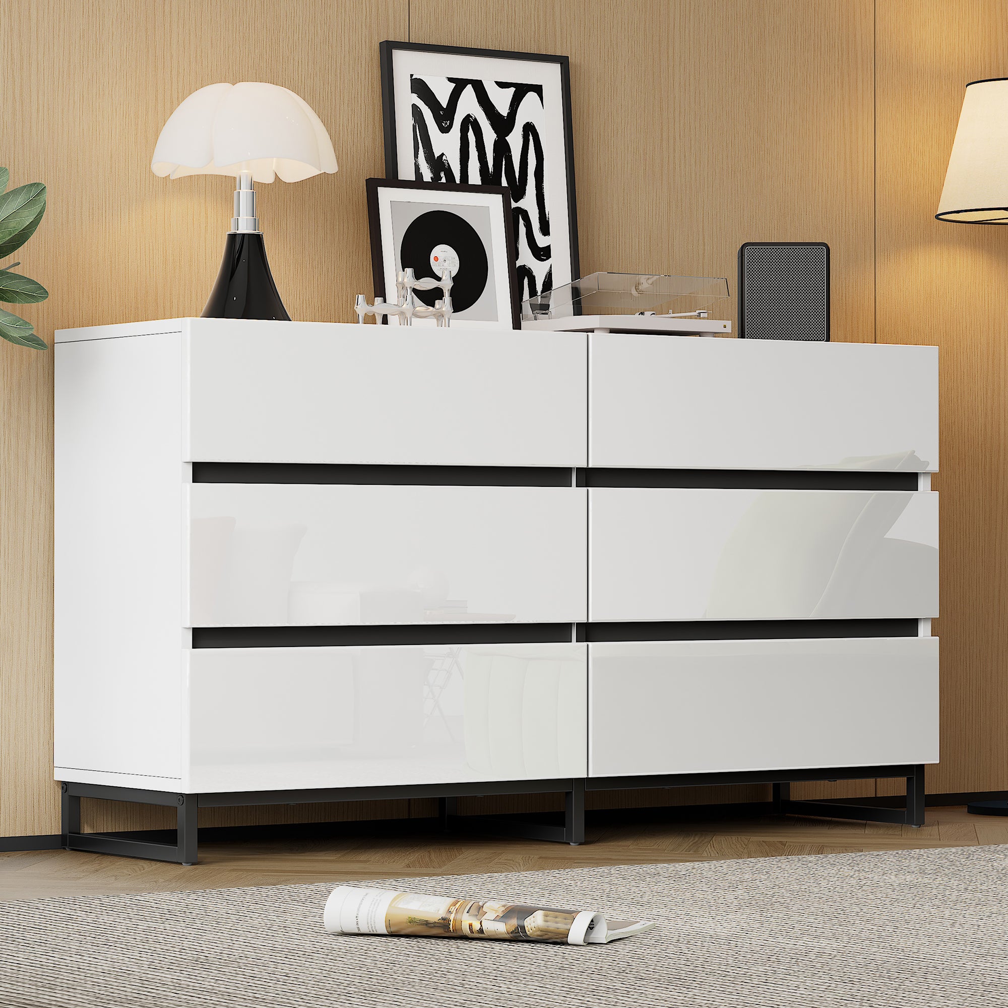 Komoda niska z 6 szufladami - 140 x 39,5 x 78,5 cm - Płyta wiórowa i nogi metalowe - Kolor biały