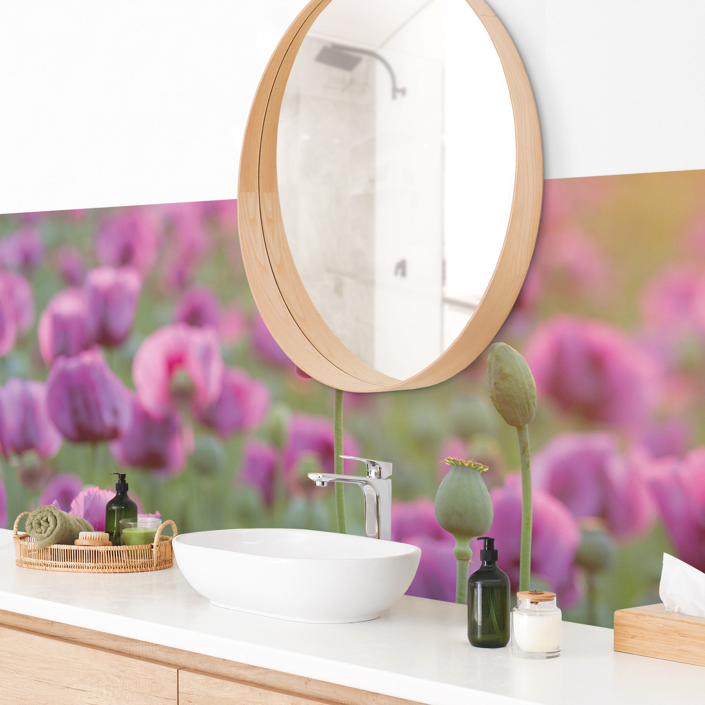 Panneau mural pour salle de bain - Prairie de fleurs de pavot violet au printemps 230 x 65 cm - 2