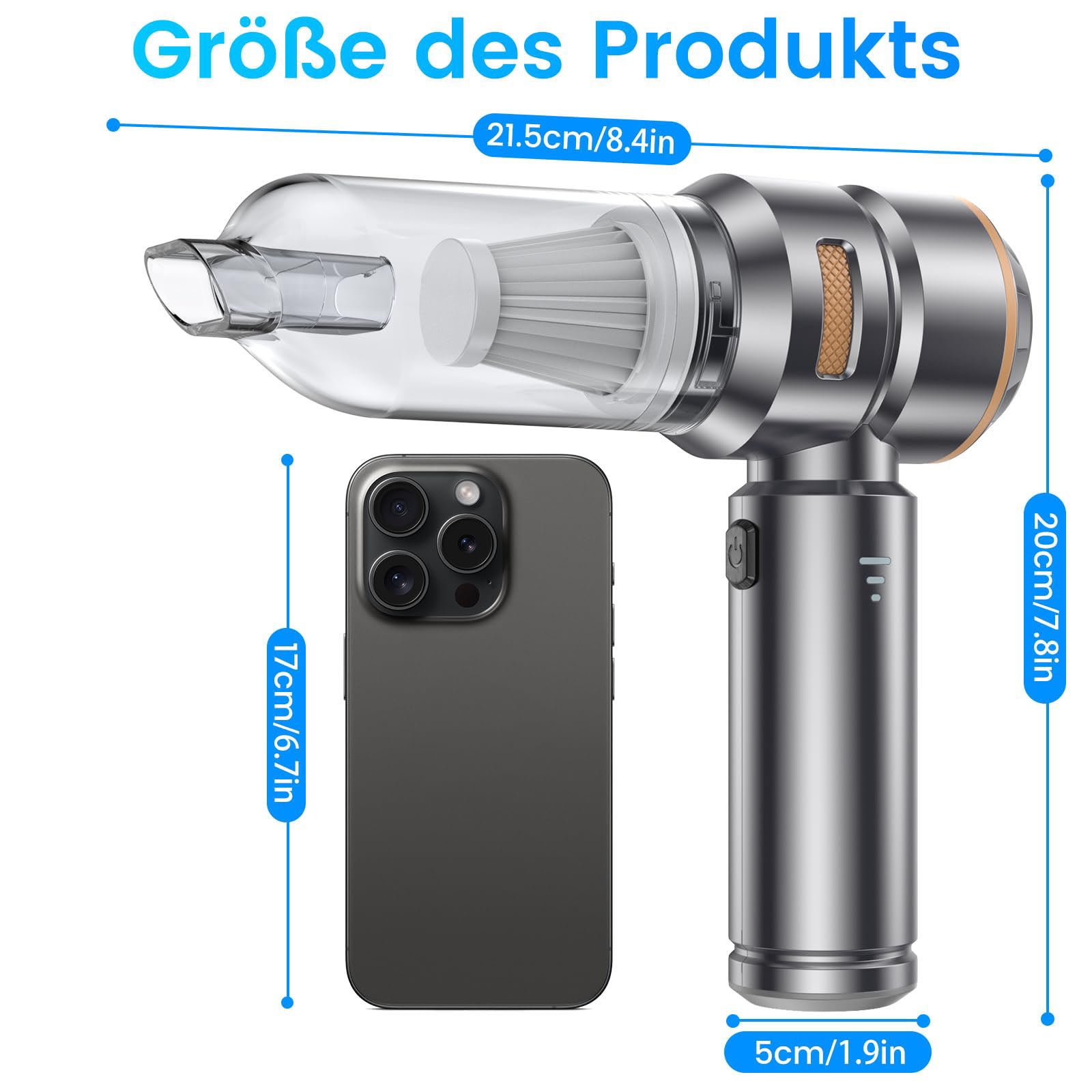 Aspirador de pó portátil, 16000Pa Mini aspirador de pó portátil sem fio de 100W,recarregável por USB,3 velocidades com vários bocais para carro e casa - 5