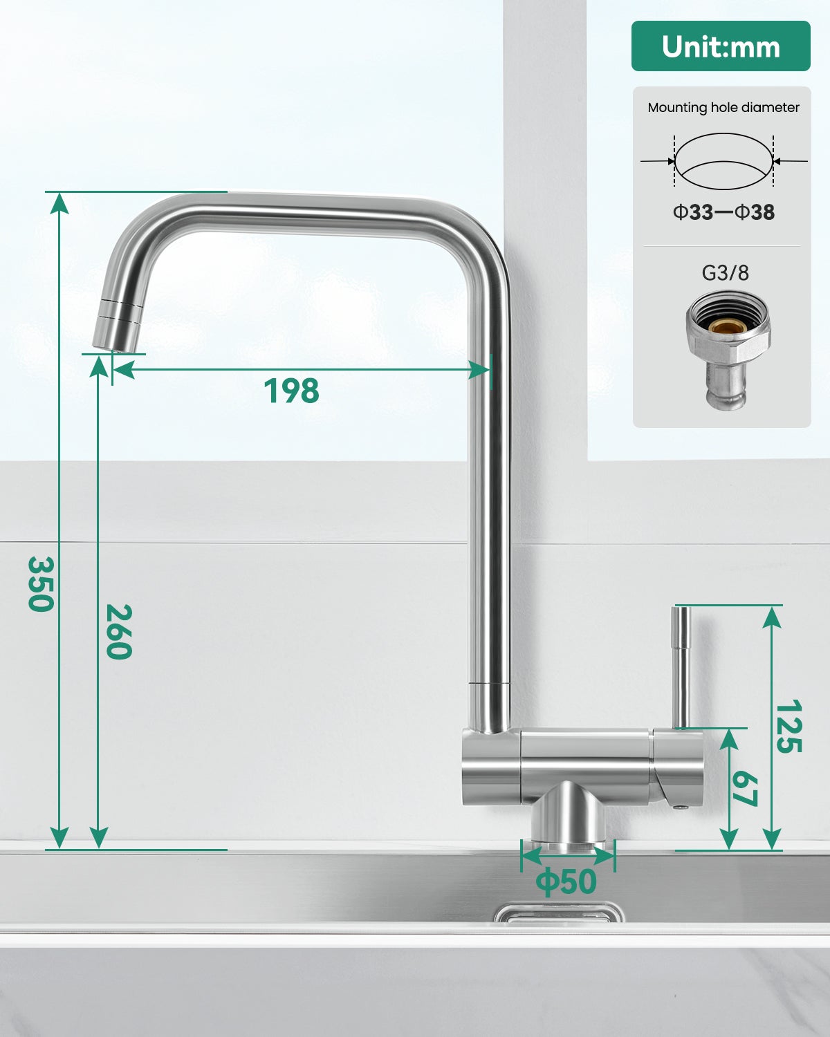 ANYCEE MAX Robinet Cuisine Rabattable avec 2 Jets, Mitigeur Evier Repliable sous Fenêtre Pivotant à 360, Robinetterie Pliable devant Fenêtre Brossé - 7