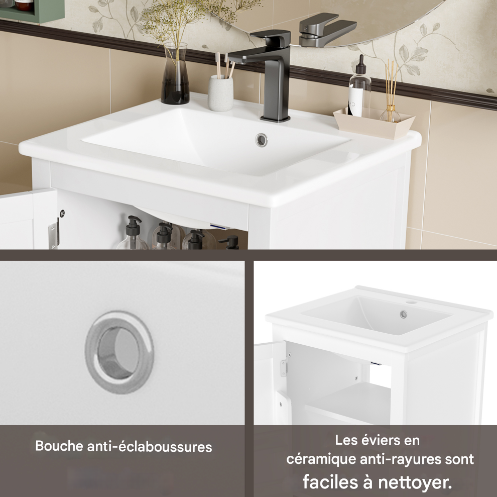 Meuble de salle de bain sur pied 51 x 46 x 85 cm avec vasque, meuble vasque, finition laquée intégrale, étagère de porte, blanc - 4