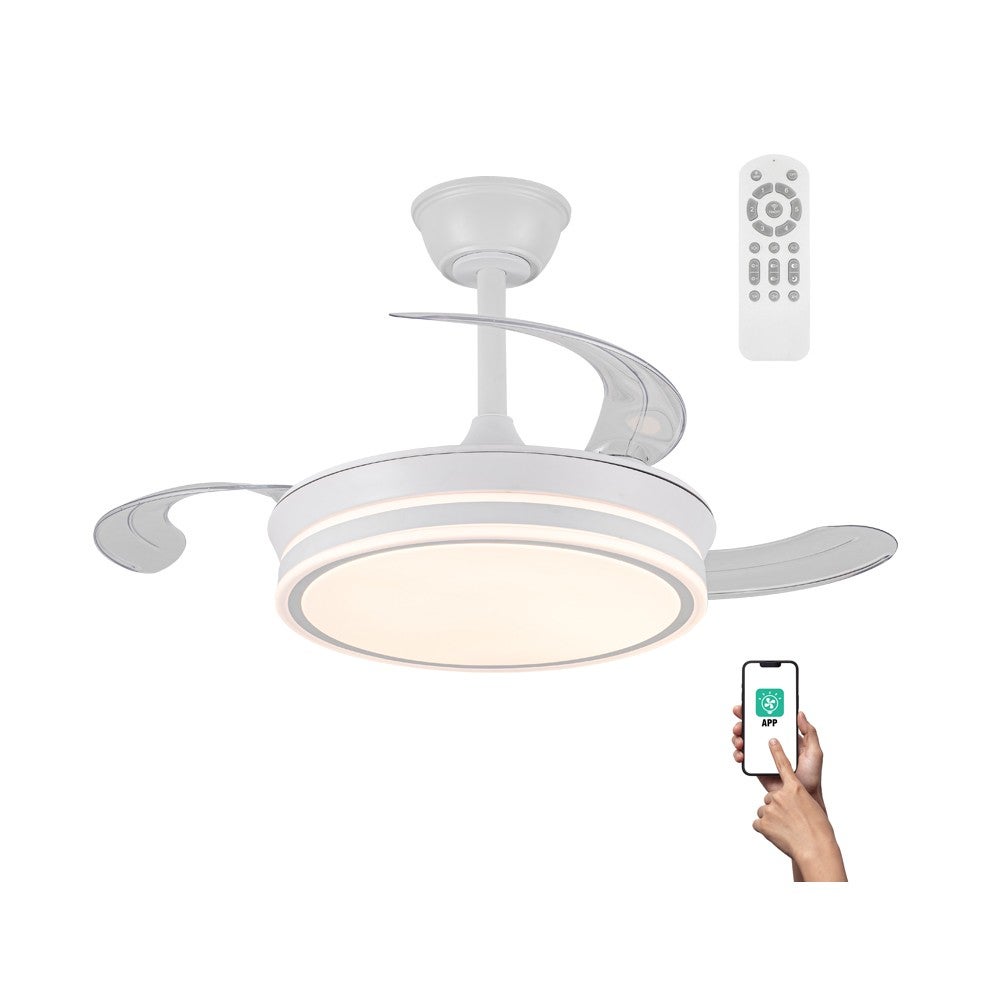 Cichy wentylator sufitowy, APP Smart, LED ze składanymi łopatkami, Miso Mini Evo Biały 46W z pamięcią włączenia i pilotem zdalnego sterowania