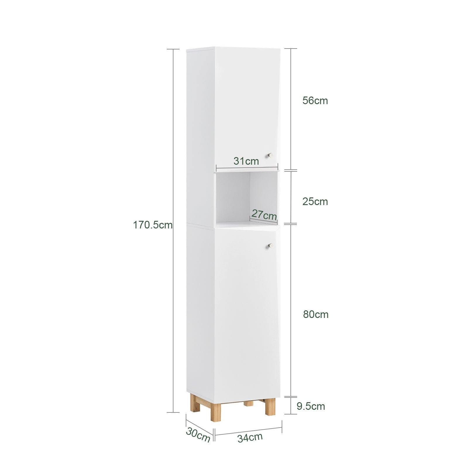 Armario Alto de Baño Mueble Baño Auxiliar Columna de Baño con 1 Comportamiento Abierto y 2 Puertas 34 x 30 x 170,5cm BZR91-W SoBuy ES - 6