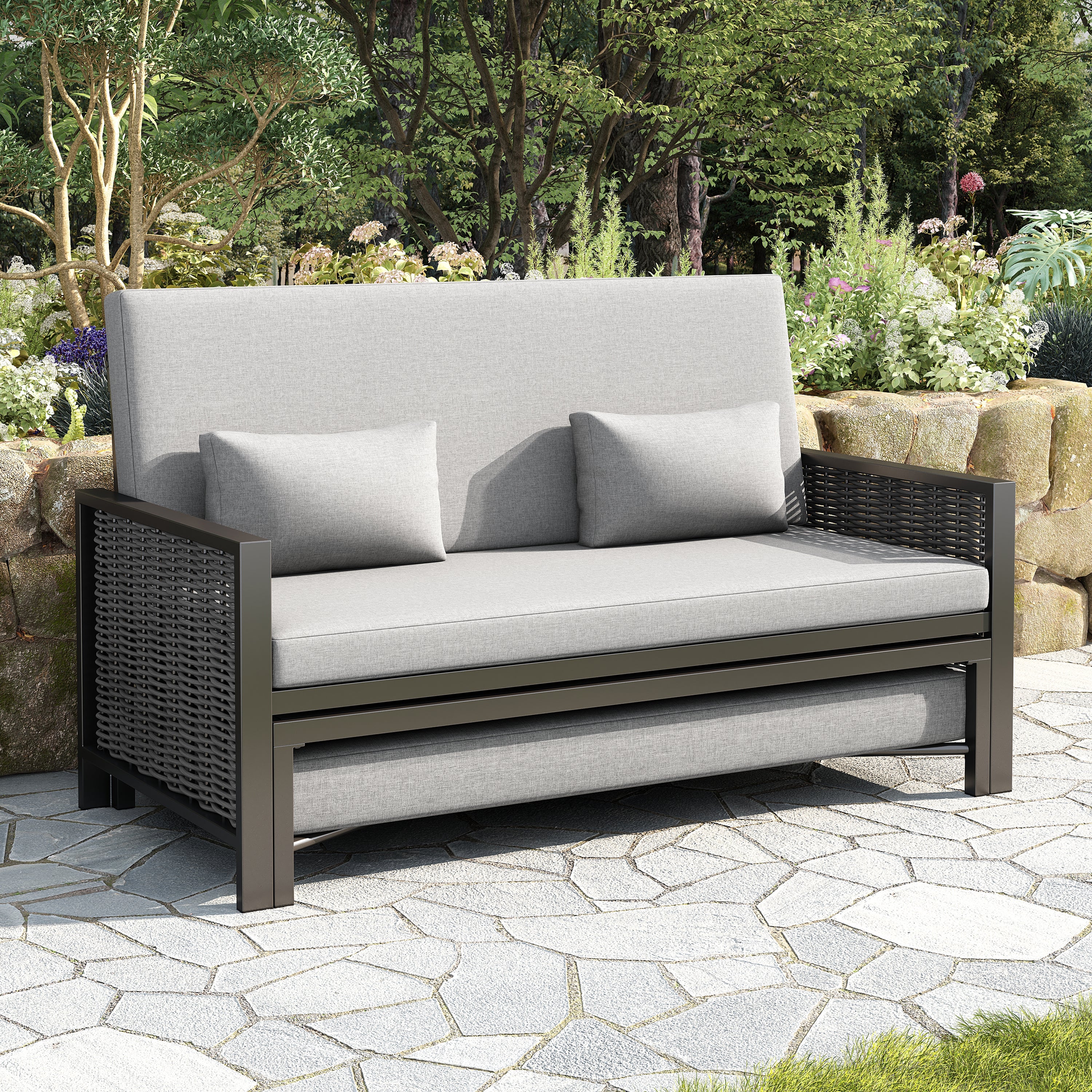 Ensemble de meubles de jardin,Avec pédales rétractables,canapé 2 places Avec 5 positions de dossier réglables,Chaise longue double d'extérieur, Gris - 2