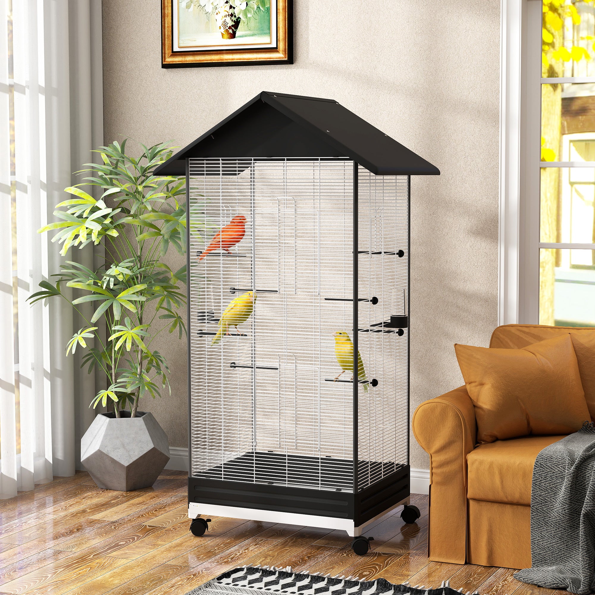 PawHut Gabbia per Uccelli con Ruote e Vassoio Estraibile, Voliera Alta 155 cm con Posatoi e Mangiatoie, Nero - 2