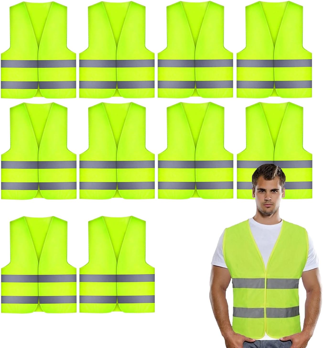 10 SZTUK Kamizelki Odblaskowe, Kamizelka Odblaskowa Wysoka Widoczność Fluorescencyjna Mężczyzna Kobieta, Rozmiar Uniwersalny, Odblaskowa 360°