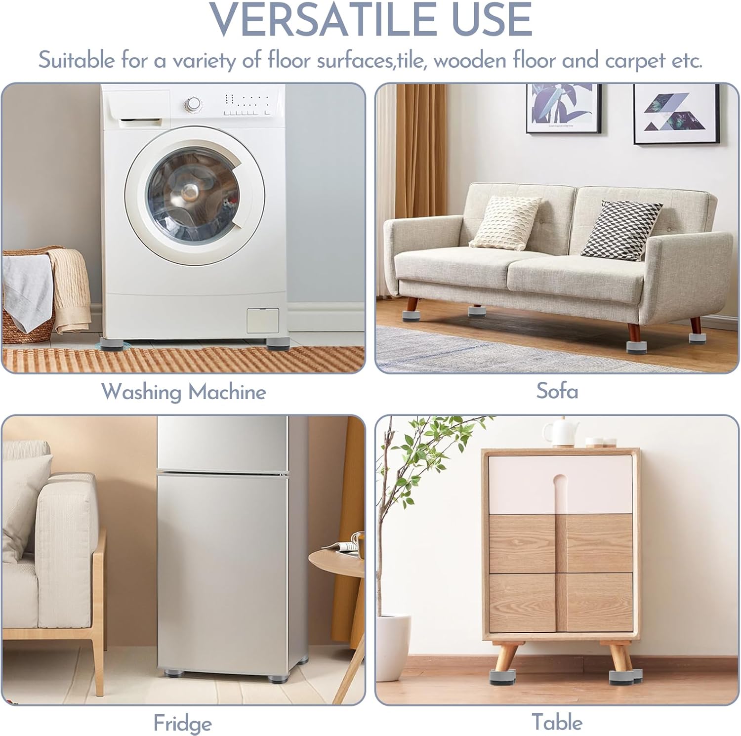 Pieds antichocs universels 4 pièces - Amortisseurs pour lave-linge avec patins en caoutchouc - Convient aux lave-linge/sèche-linge/meubles - 5