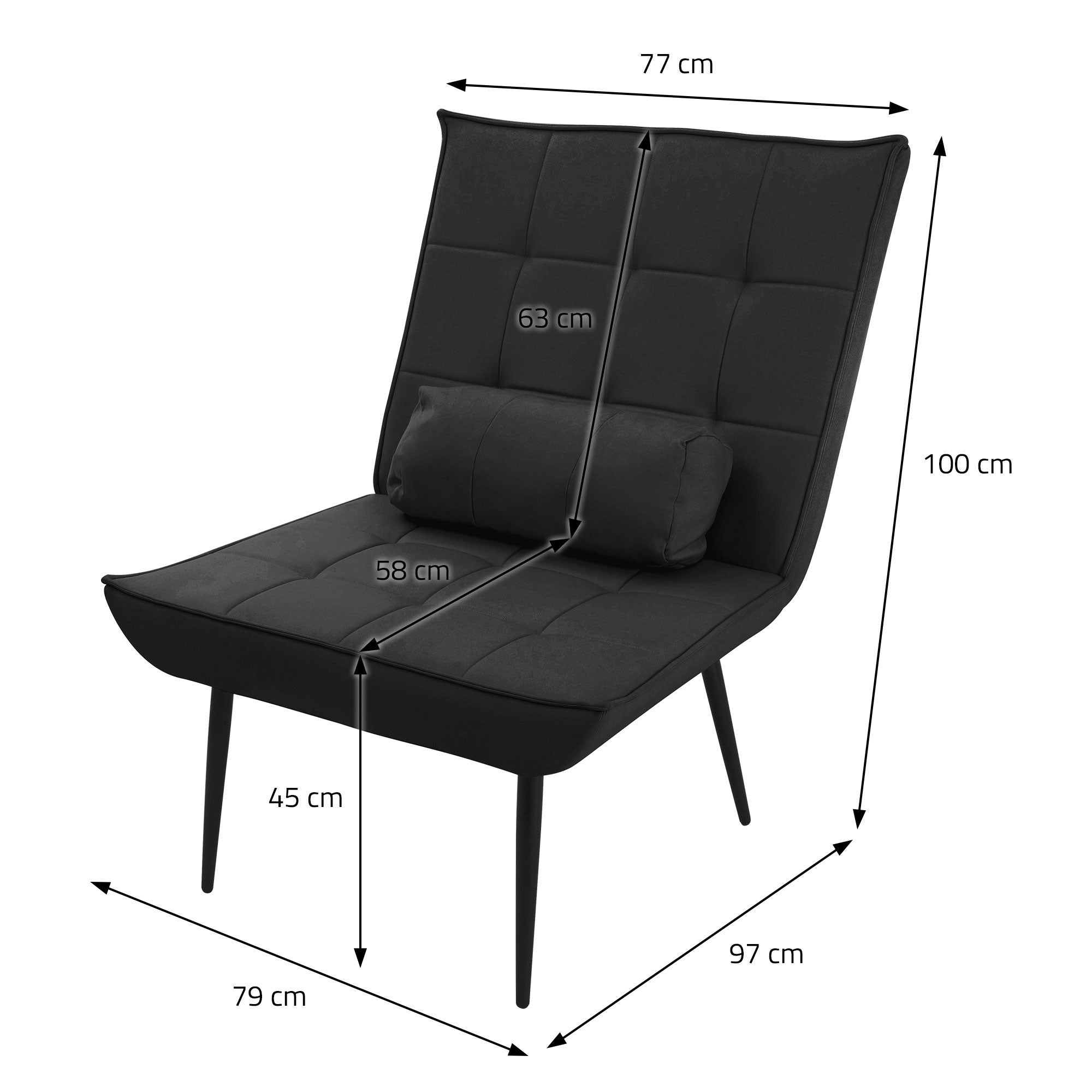 ML Design fotel rozkładany czarny tapicerowany skóra sztuczna PU z czarnymi metalowymi nogami ergonomiczny skrzydłowy z poduszką lędźwiową do relaksu - 6
