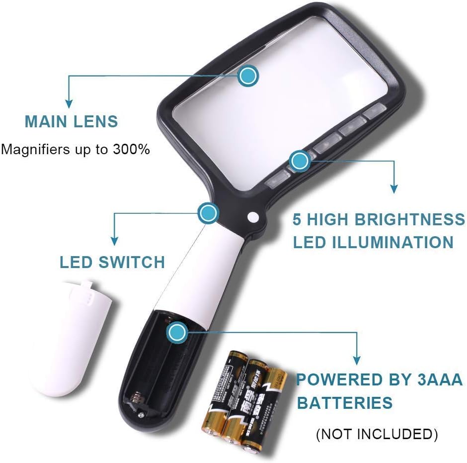 Lupa de lectura plegable con luz LED de aumentos, 3x y modos