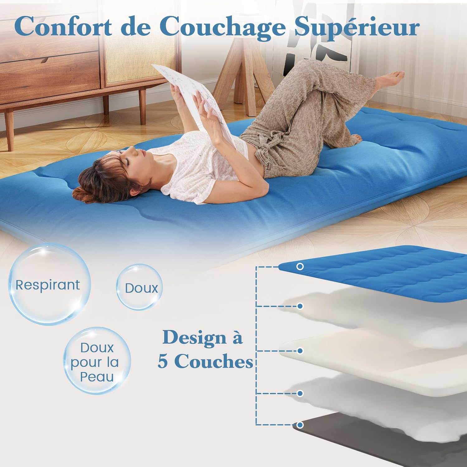 Matelas Futon Japonais 1 Personne 90x200CM, Lit de Couchage Enroulable de Sol Pliable et Portable avec Sac de Transport pour Camping, Voyages, Bleu - 6