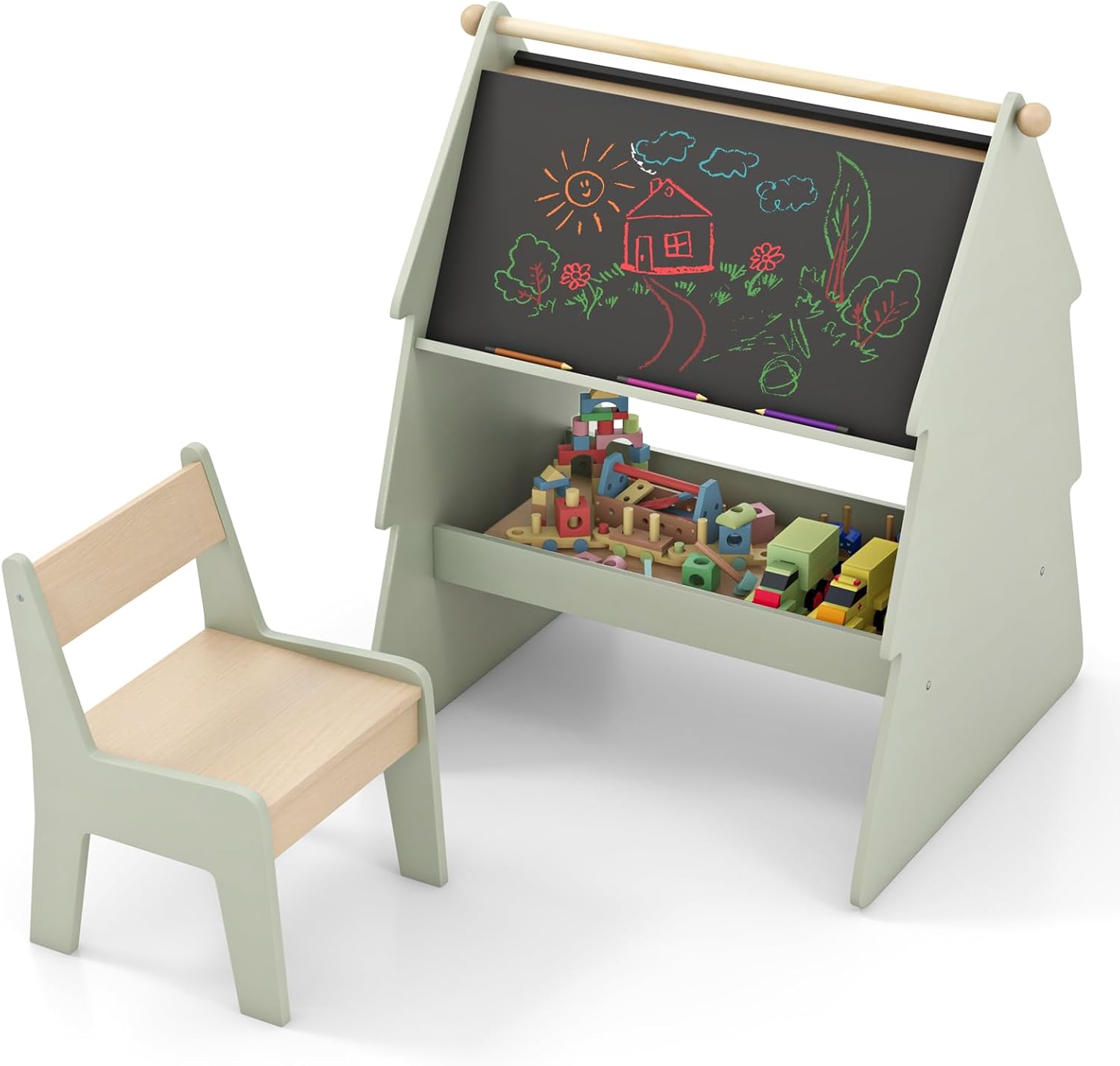 Table Enfant Avec Chaise En Bois - Table à Dessin Avec Tableau Noir/Blanc, Rouleau Papier Et Accessoires (Naturel)