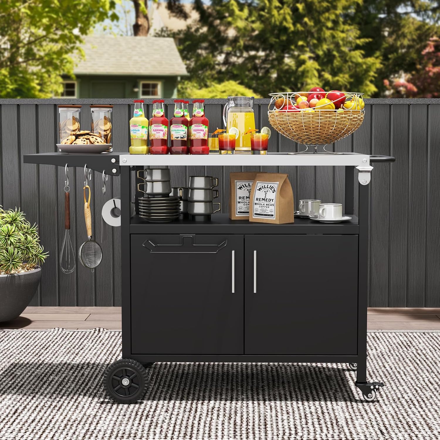 Carrello barbecue da esterno con 2 ripiani 4 ruote bloccabili ganci, Carrello BBQ portatile per forno pizza Nero