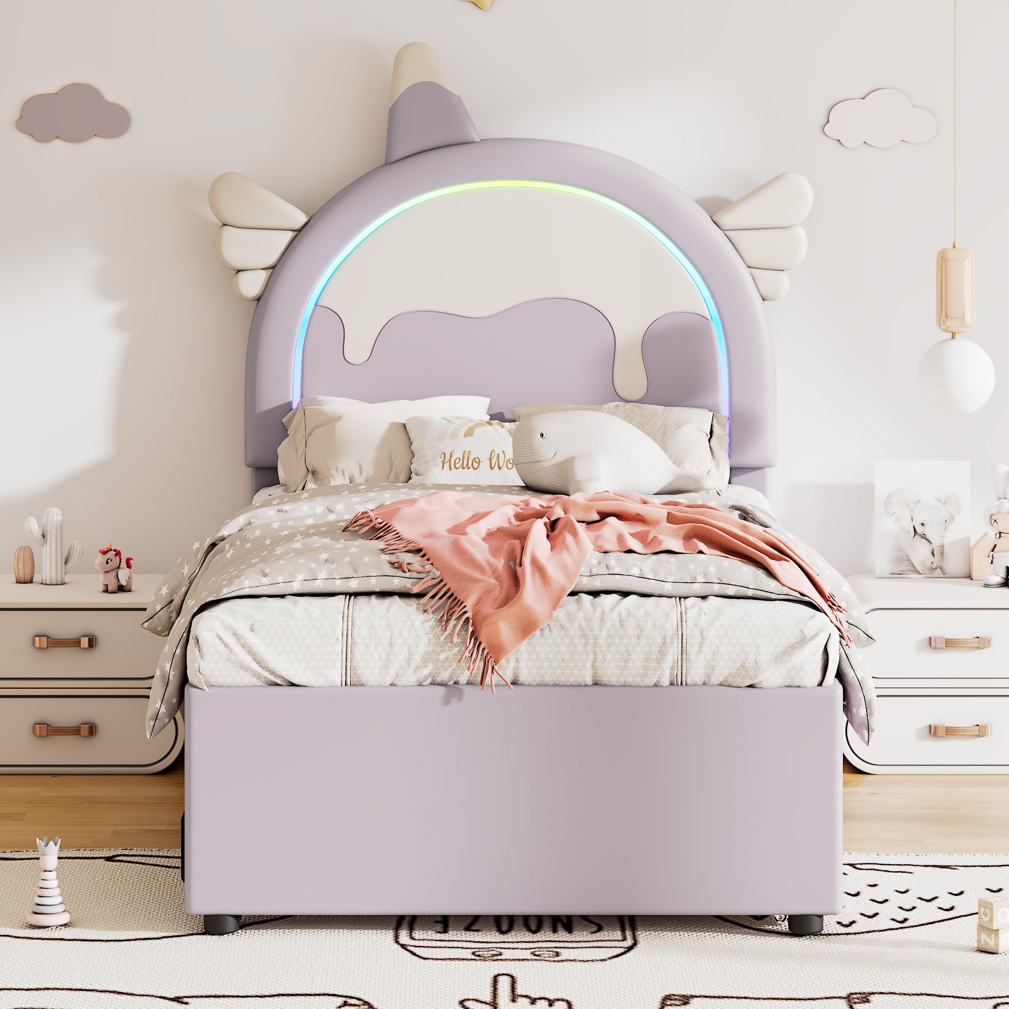 Fioletowe łóżeczko 90 * 200 cm, materiał pu, z wysuwanym łóżkiem, styl UNICORN