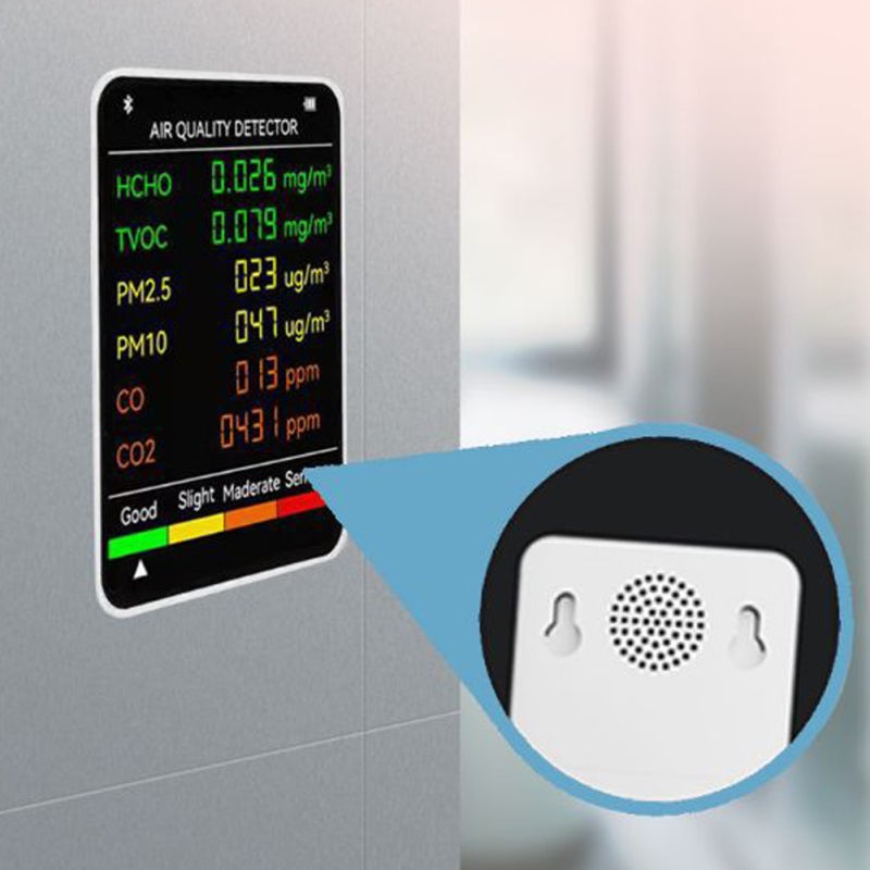 Monitor de calidad del aire multifuncional 6 en 1, detecta PM2.5, PM10, HCHO, TVOC, CO, CO2, pantalla LCD grande, portátil para hogar, oficina, hotel - 6