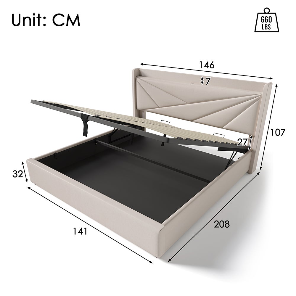 Lit coffre Lit double rembourré Lit de rangement Tête de lit avec fonction de chargement USB Lit 140x200 cm Beige - 3