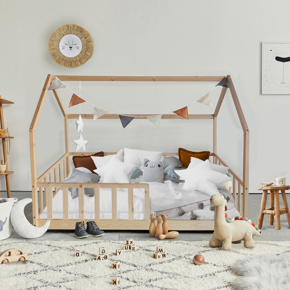 Lit cabane Kiwi 90x190 + 1 sommier + barrière /Bois clair - 7