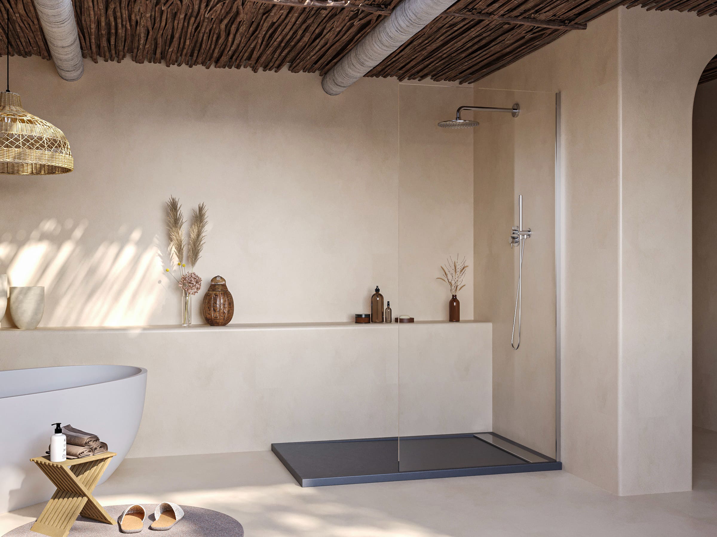 SOULHOME Brodzik prysznicowy– Żywica– Gel Coat– Gładka/Kamienna tekstura – Antypoślizgowy – łupkowy- 120x90- Niski 3cm– Ruszt INOX