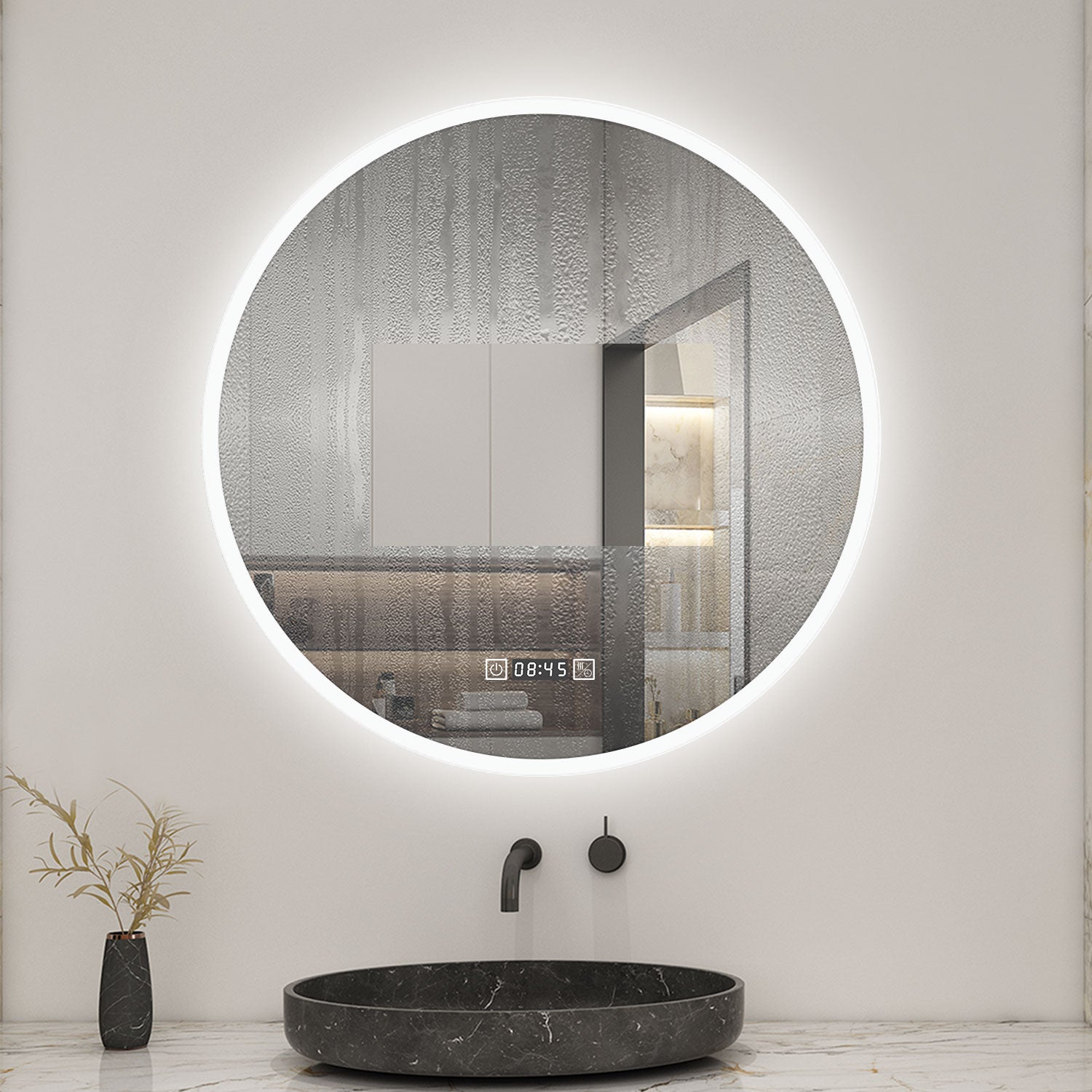 AICA Miroir lumineux rond 60cm,3 couleurs + dimmable + horloge + anti-buée + mémoire, miroir salle de bain - 5