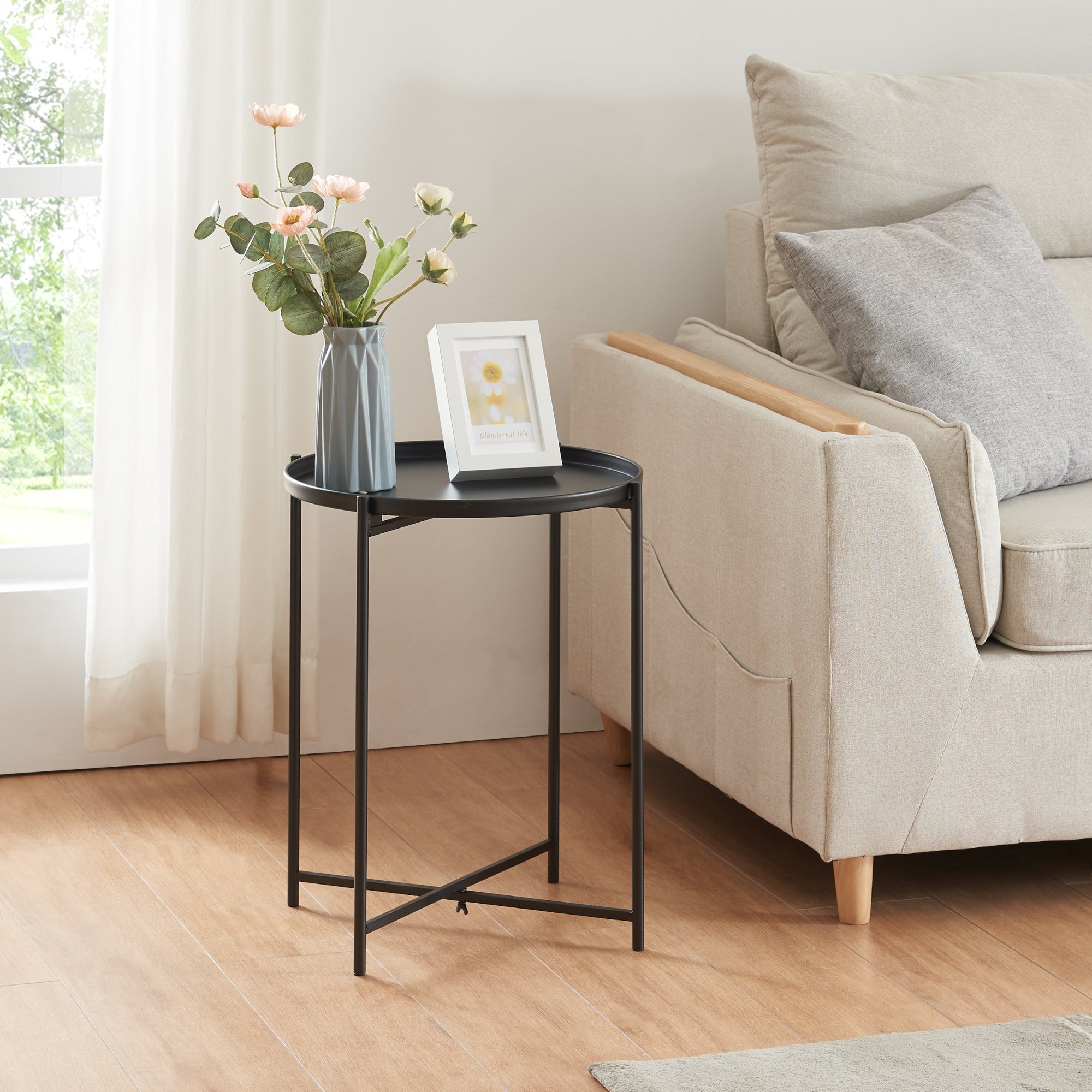 Table D’appoint Ronde Avec Plateau Verre Trempé – 45 X 42 Cm – Acier Noir – Pour Salon, Chambre, Bureau – Marque En.casa - 3