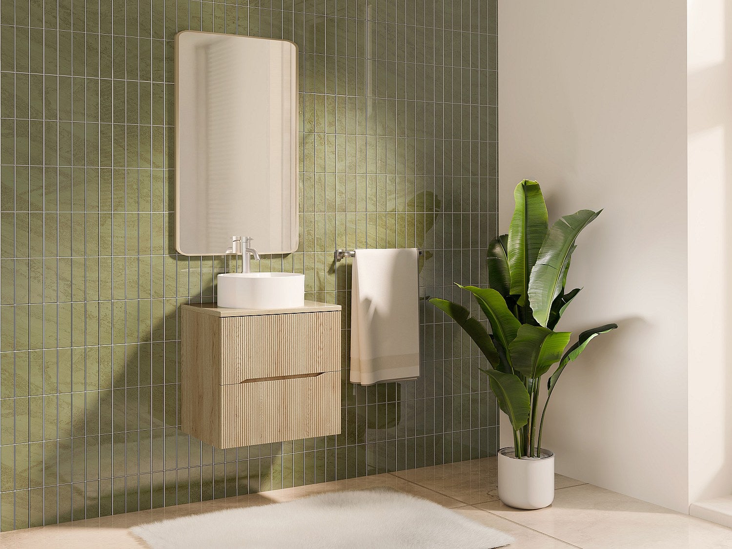 Szafka łazienkowa wisząca prążkowana z okrągłą umywalką nablatową – Jasny naturalny – 60 cm – ORISO