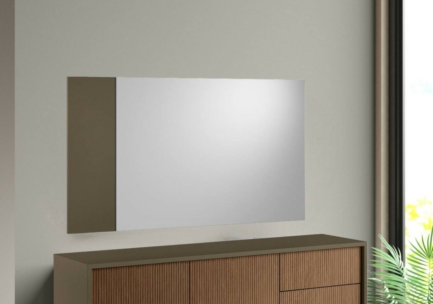 Coriando espejo, espejo de entrada decorativo, artículo de decoración de pared con perfil lateral, 100% made in italy, 110x3h60 cm, blanco y marrón