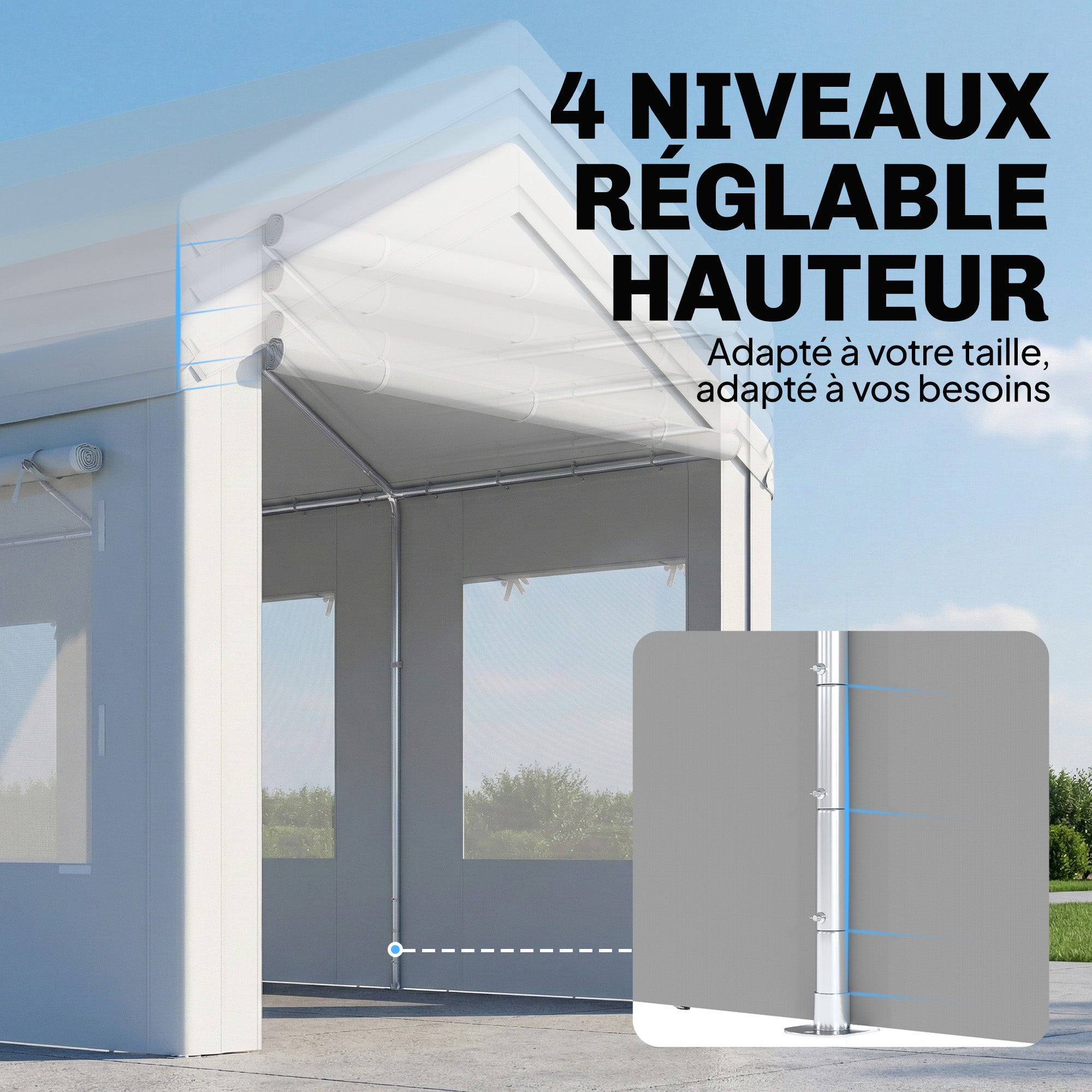Abri de voiture - Outsunny - protection UV30+ hauteur réglable 6 fenêtres et moustiquaire - acier galvanisé - 3x6m - blanc - 4