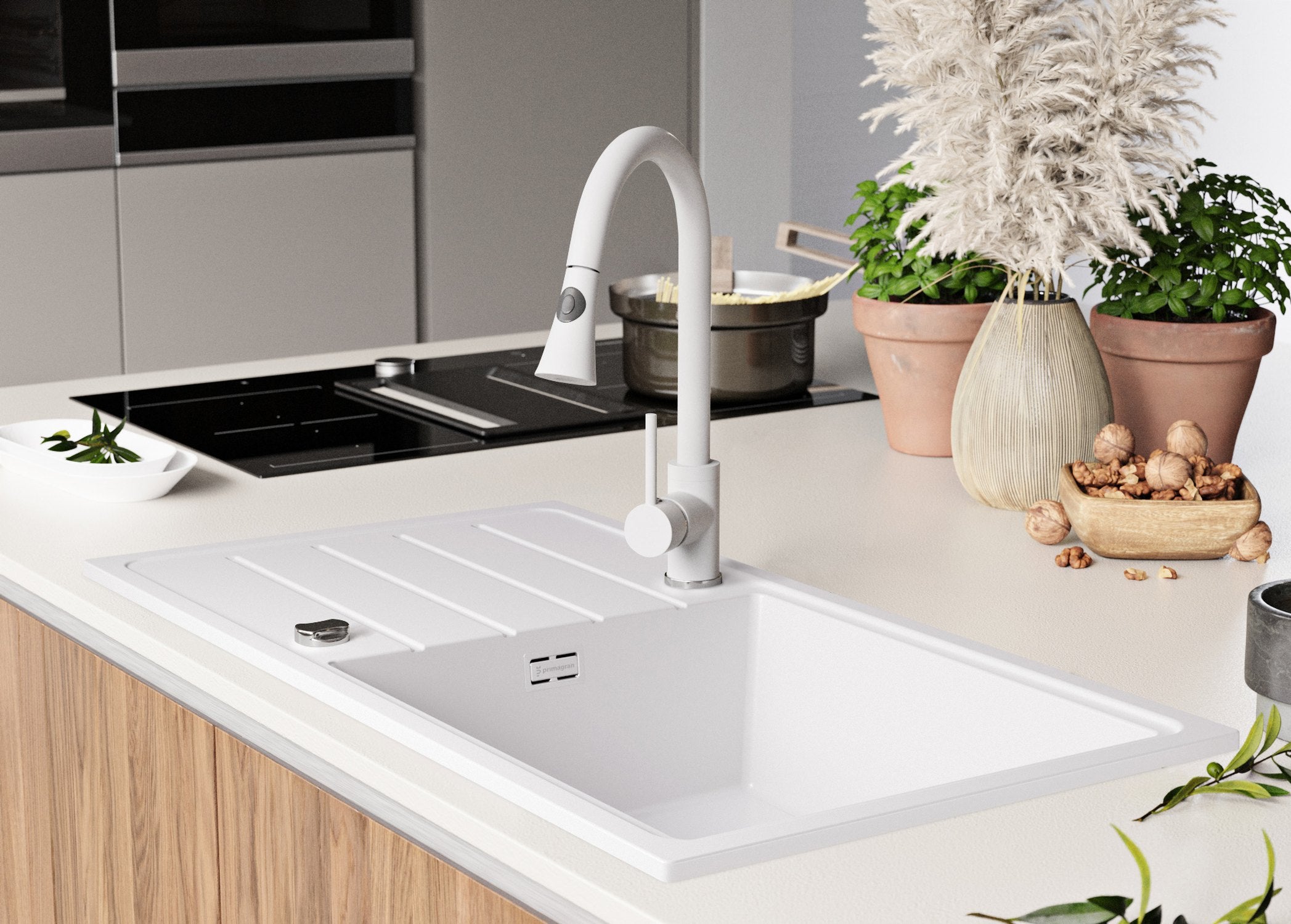 Lavello da Cucina Bianco 90x50cm, Lavandino da Cucina a 1 vasca + Sifone Classico, Lavabo da Cucina Incasso al mobile 60cm - London di Primagran - 4