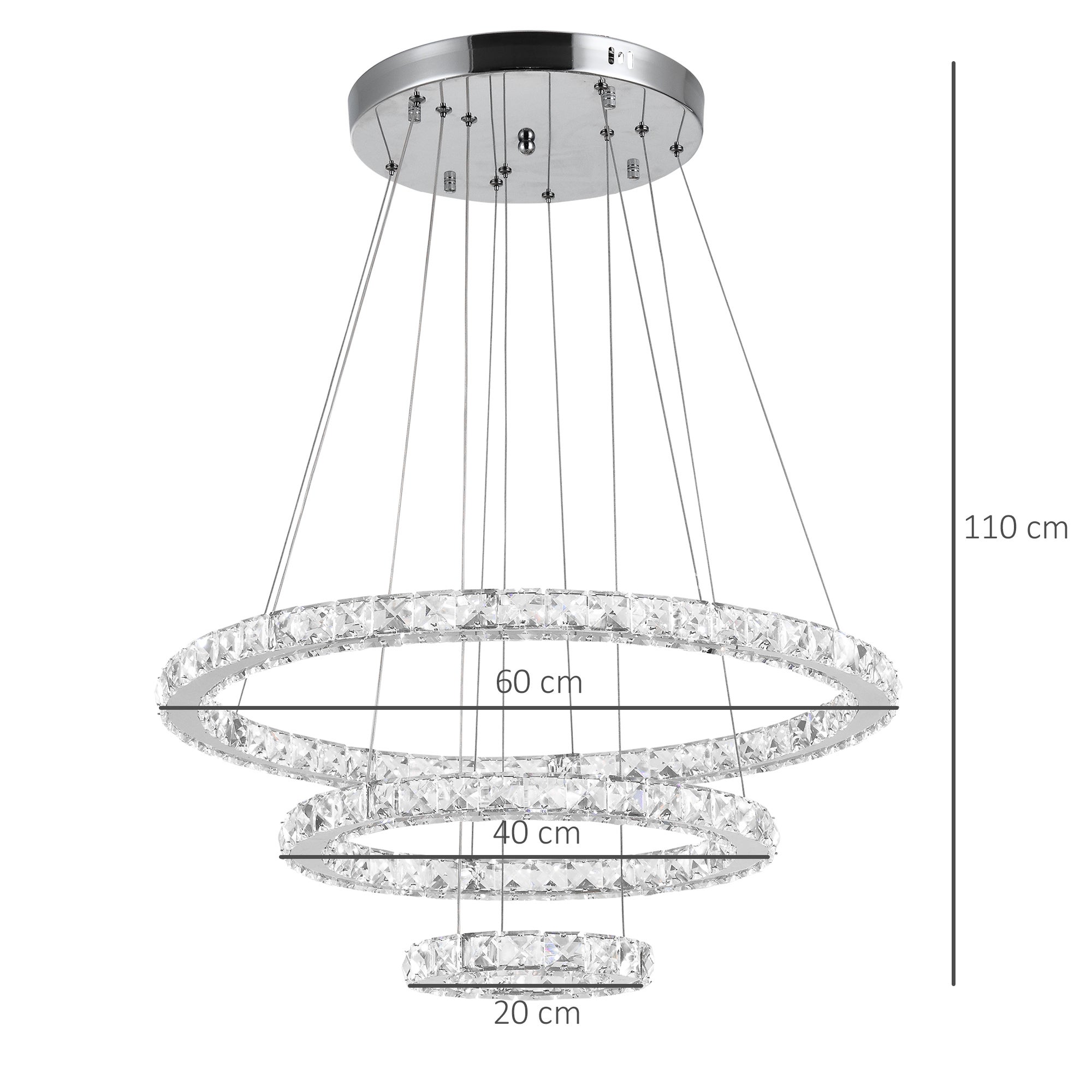 HOMCOM Lampadario a Sospensione con 3 Anelli Regolabili, Luci a LED e Cristalli, Ø60 x 110cm - 3