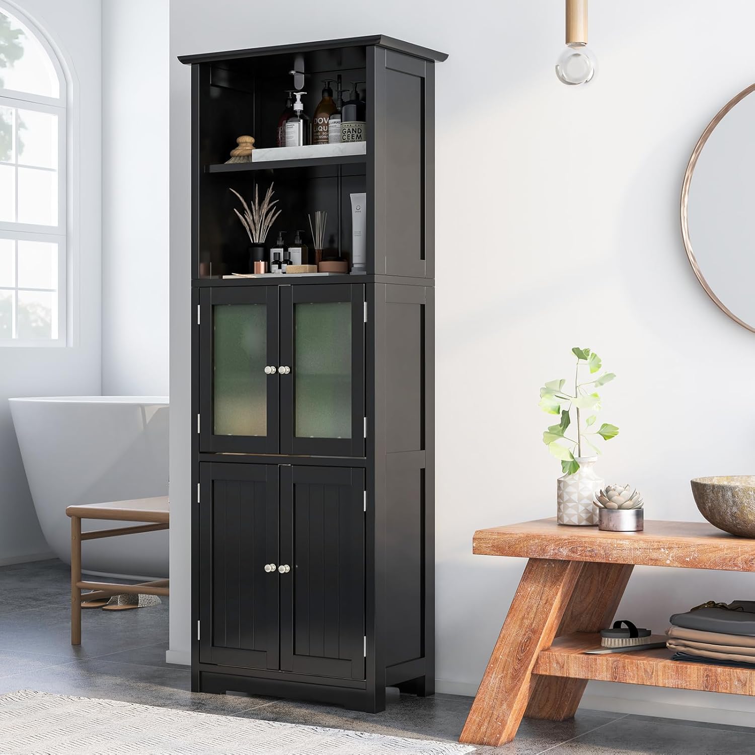 Costway Meuble De Salle De Bain à 4 Portes Et 1 Grand Compartiment Ouverte Armoire Haute Avec Porte En Verre Depoli Colonne Salle De Bain Pour Salon Cuisine 30 X 60 X 164 Cm Blanc Costway Meuble De Salle De Bain à 4 Portes Et 1 Grand Compartiment Ouverte Armoire Haute Avec Porte En Verre Depoli Colonne Salle De Bain Pour Salon Cuisine 30 X 60 X 164 Cm Blanc