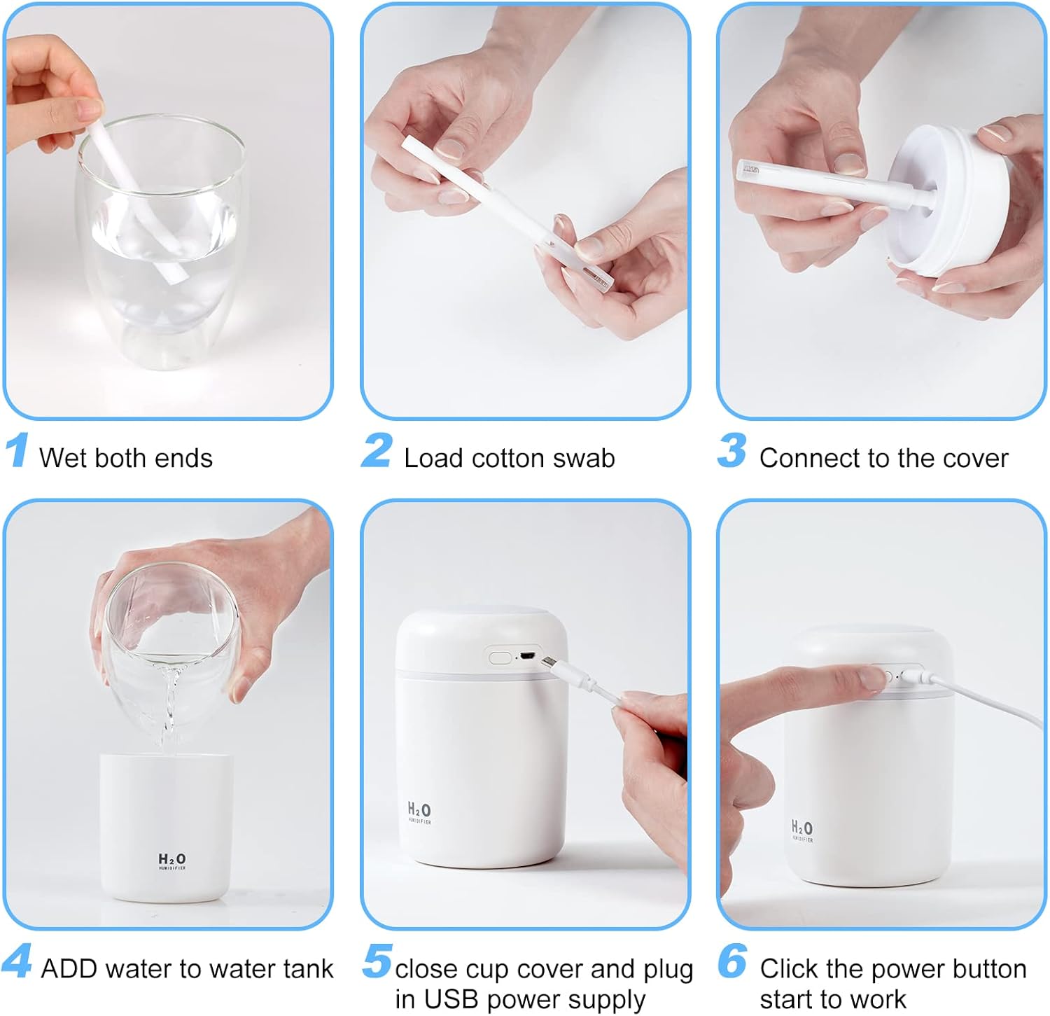 Nawilżacz powietrza z 2 regulowanymi trybami mgiełki, automatycznym wyłączaniem i kolorową lampką nocną, przenośny USB (biały) 300 ml - 4