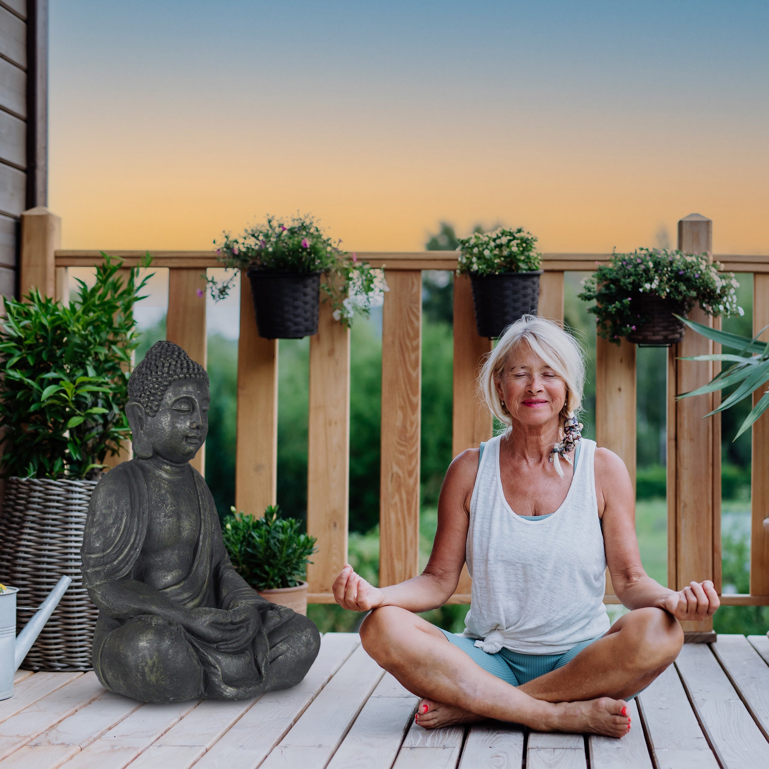 Statue de Bouddha assise 70cm, figurine de jardin XL, vintage, résistant aux intempéries & au gel, anthracite, Relaxdays - 3