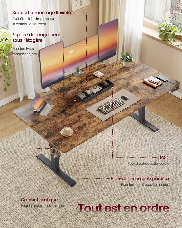 Bureau Électrique Réglable en Hauteur, 140 x 70 cm, Support d'Écran à Montage Flexible, Tiroir, Port USB-C, Rappel de Sédentarité, Marron Rustique - 4