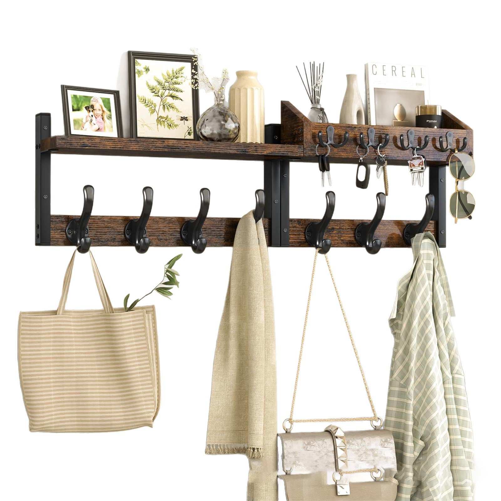 FineBuy Porte Manteau Mural Avec 5 Crochets Metal Noir 70x20x20 Cm | Patere Murale Acier Design Avec Étagère | Meuble Entree Couloir