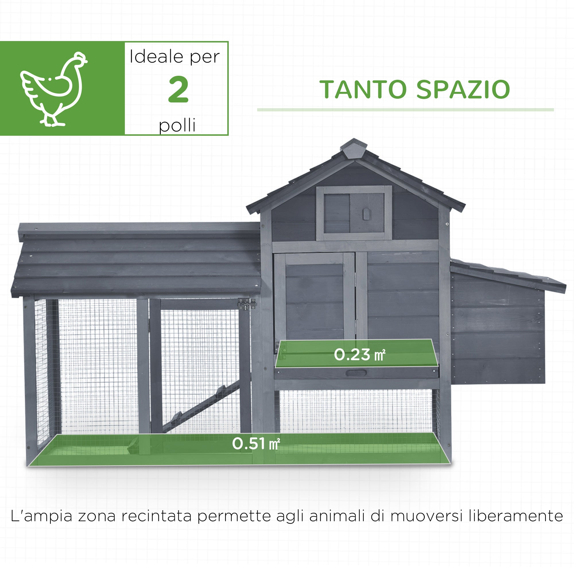 PawHut Pollaio per Galline Ovaiole Prefabbricato in Legno con Recinzione, per 2 Galline, 150.5x54x87cm, Grigio Scuro - 4