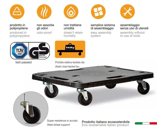 Carrello Per Scatole 600x400 Carrello A Rulli Con 4 Ruote Sterzanti Giallo - Per Eurobox 600x400 Mm - Portata 250 Kg Pattini A Rotelle - Foto 9