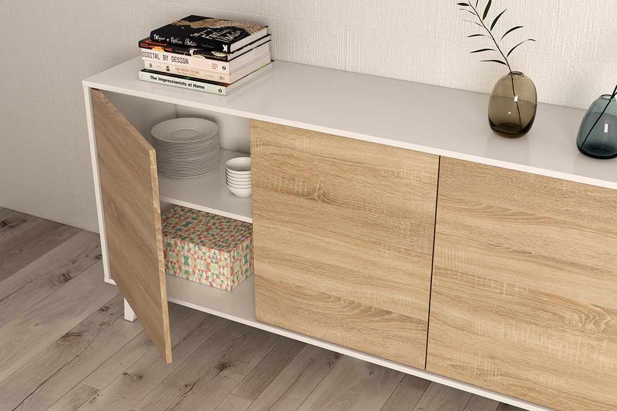 Buffet avec 3 Portes coloris blanc brillant et chêne - Dim : L 154 x P 41 x H 75 cm - 5