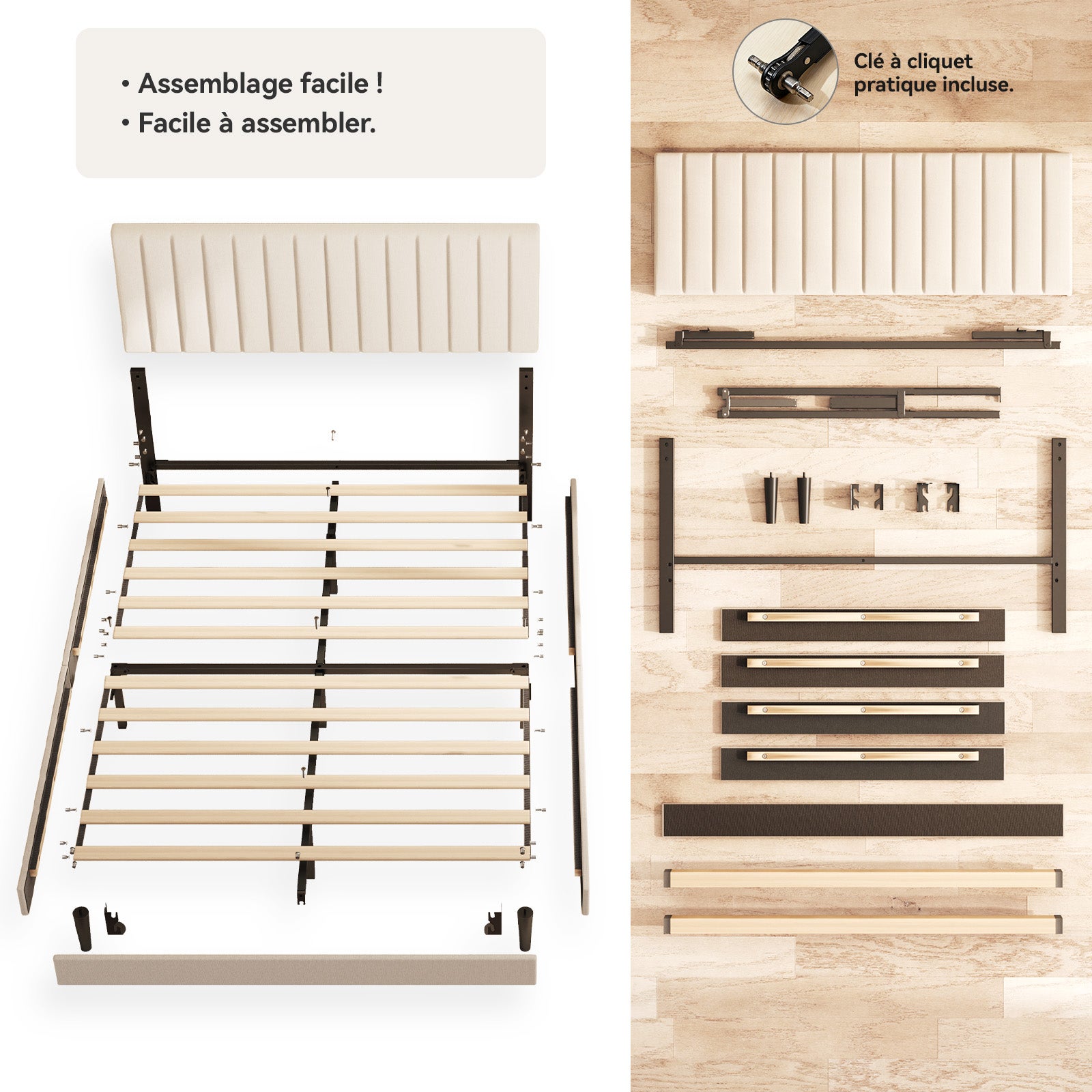 Lit 140x190 cm, Lit double, 480 kg, Rangement 17 cm, bois et métal, Sommier à lattes, métal, Silencieux, Stable, gain de place, tête de lit réglable - 6