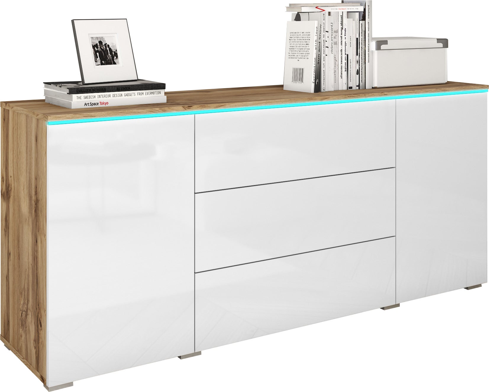 Komoda VEVE 150 cm w kolorze dąb wotan/biały połysk z oświetleniem LED