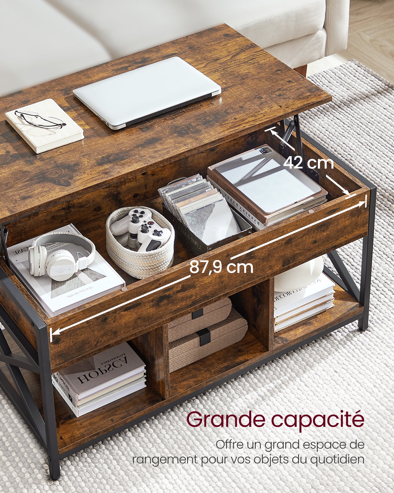 Table Basse, Relevable, Table Basse avec Rangement Caché et Compartiments Ouverts, Cadre en Acier, 50 x 100 x (46,5-62) cm, Marron Rustique et Noir - 4