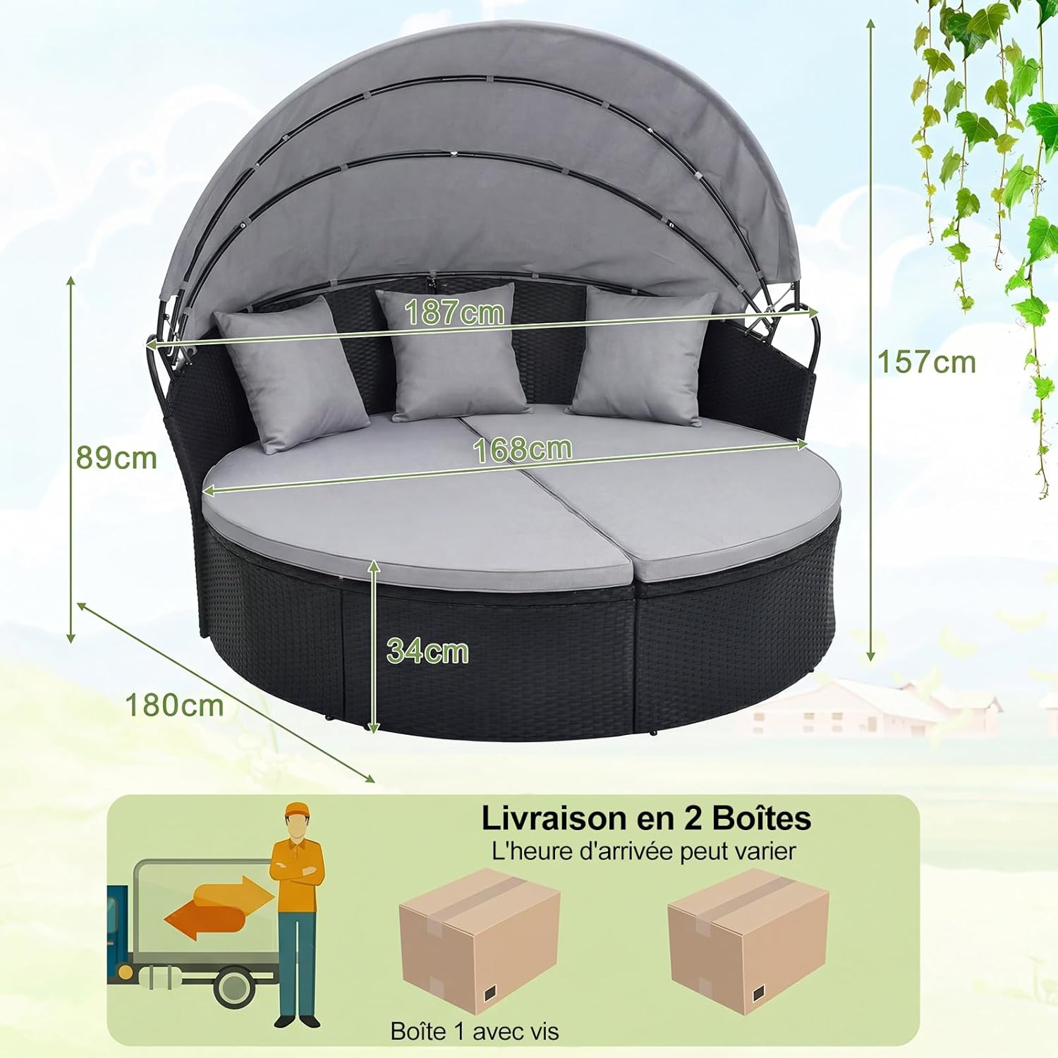 GIANTEX Lit de Jardin Rond en Rotin PE avec Auvent Rétractable, avec Coussins et Oreillers Amovibles Charge 360KG,pour Jardin Porche,Gris - 3