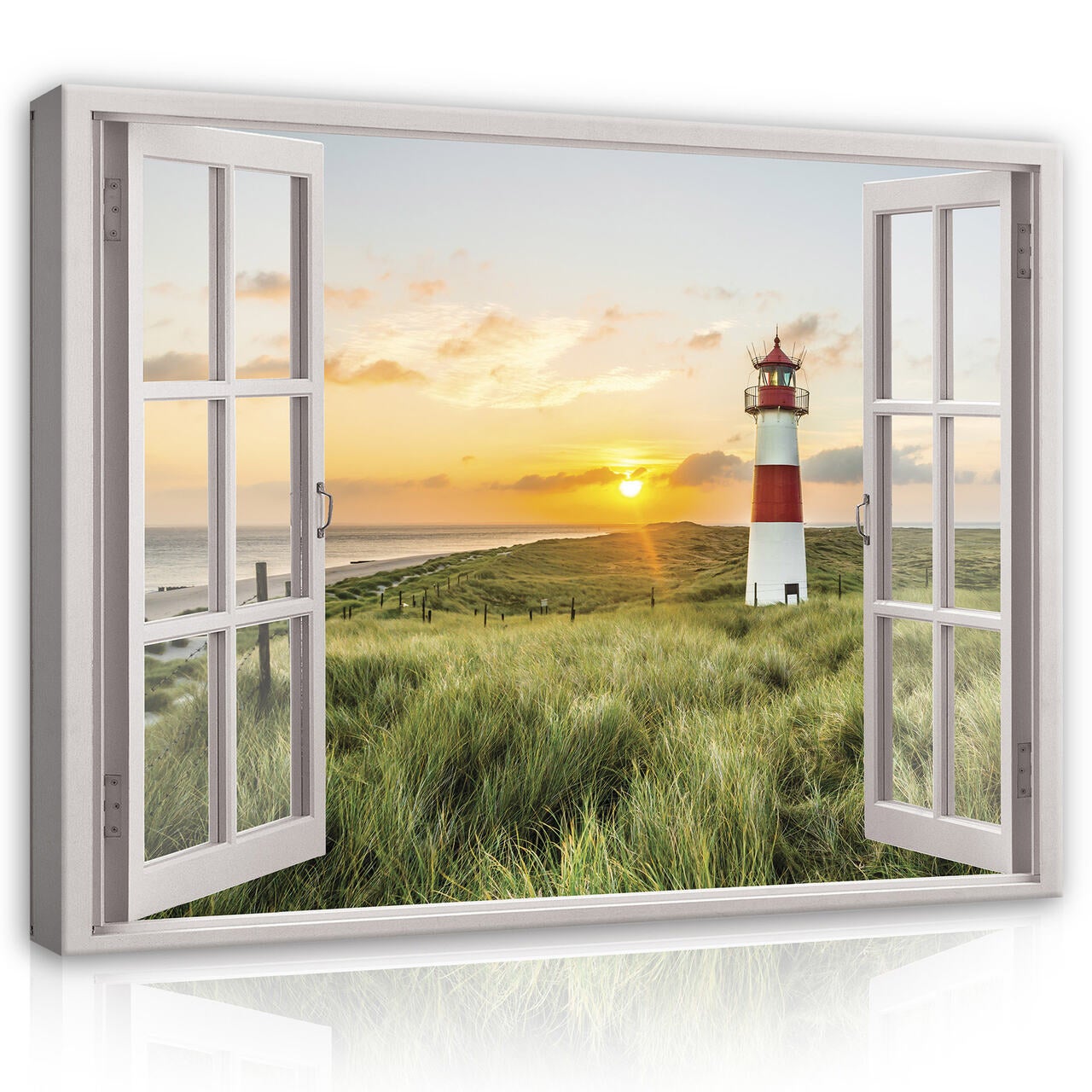 Cuadro en lienzo ventana mar faro paisaje naturaleza 100x75 cm xxl impresión en lienzo decoración de pared canvas para salón lista para colgar